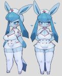  &lt;3 2021 4_fingers annoyed anthro blue_body blue_eyes blue_hair blue_skin blush breasts cleavage clothed clothing cross-popping_vein eeveelution female fingers footwear fully_clothed glaceon hair hat headgear headwear kemono long_hair medium_breasts nintendo nurse nurse_clothing open_mouth pok&eacute;mon pok&eacute;mon_(species) rikose shoes simple_background solo standing video_games white_background white_clothing white_footwear white_shoes 