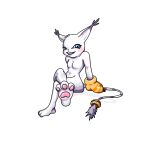  1:1 anthro arm_support bandai_namco blue_eyes blush breasts clothing crossed_legs digimon digimon_(species) featureless_breasts feet female gatomon gatox_(artist) gloves handwear hi_res looking_at_viewer navel pawpads pink_pawpads simple_background sitting smile soles solo white_background 