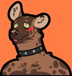  anthro blush brown_body brown_fur collar emanuel_(ritts) fur hyaenid male mammal orange_background ritts simple_background solo spots spotted_body spotted_fur spotted_hyena submissive submissive_male tongue tongue_out 