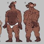  1:1 2020 anthro big_butt briefs broad_shoulders brown_body butt clothing emanuel_(ritts) fur green_eyes handpaw hi_res hyaenid male mammal model_sheet nipples overweight paws ritts slightly_chubby solo spots spotted_body spotted_fur spotted_hyena underwear white_clothing white_underwear wide_hips 
