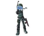  armor biped blue_body blue_hair clothed clothing eyewear female fully_clothed gesture glasses gun hair headgear helmet holding_gun holding_object holding_weapon humanoid infantry looking_at_viewer pointing pointing_at_viewer pointing_gun ranged_weapon round_glasses simple_background smile soldier solo standing unknown_artist warrior weapon white_background 