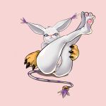  1:1 anthro anus bandai_namco blue_eyes blush bodily_fluids butt censored clothing digimon digimon_(species) embarrassed feet female gatomon gatox_(artist) genital_fluids genitals gloves handwear hi_res legs_together legs_up looking_at_viewer mosaic_censorship nude pawpads pink_pawpads presenting presenting_pussy pussy pussy_juice simple_background soles solo tears 