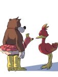  2021 anthro avian banjo-kazooie banjo_(banjo-kazooie) beak breegull brown_body brown_fur claws clothed clothing costume duo feathers female feral fur high_heels iro_gomasio kazooie male mammal nude rareware red_body red_feathers simple_background ursid video_games white_background 