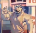  absurd_res accessory anthro ben_(rollingstoneeeeee) biceps blue_eyes bottomwear clothing detailed_background episode0006 fur headband hi_res male mammal muscular muscular_anthro muscular_male outside polar_bear solo topwear ursid ursine white_body white_fur 