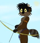  absurd_res anthro bottomwear bow_(weapon) chubby_male clothing genitals hi_res loincloth looking_at_viewer male mammal mostly_nude penis procyonid raccoon ranged_weapon rasik solo teenager tribal weapon yellow_eyes young 