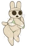  2021 animal_crossing anthro big_breasts bikini bikini_bottom bikini_top black_eyes bodily_fluids breasts clothed clothing coco_(animal_crossing) curvy_figure empty_eyes female full-length_portrait gamukami green_bikini green_clothing green_swimwear gyroid hi_res lagomorph leporid mammal nintendo nipple_slip nipples open_mouth partially_clothed portrait rabbit simple_background solo sweat sweaty_breasts swimwear tan_body thick_thighs video_games white_background 