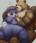  2021 anthro backsack balls belly blush brown_body butt canid canine duo eyes_closed genitals giant_panda gyobu heckded hi_res hug humanoid_hands male male/male mammal mav_(deadly_kiten) moobs nipples overweight overweight_male raccoon_dog scar sitting tanuki tokyo_afterschool_summoners ursid video_games white_body 