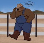  2021 anthro boots brown_body bulge clothing cowboy cowboy_boots cowboy_hat crispcactus detailed_background footwear hat headgear headwear hi_res humanoid_hands male mammal musclegut outside overalls overweight overweight_male solo text ursid 