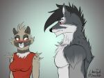  absurd_res anthro blush bodily_fluids canid canine canis chasertech civet clothed clothing duo female girl_staring_at_man&#039;s_chest hi_res male mammal meme red_eyes signature spots sweat viverrid wolf yellow_eyes 
