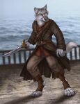 2021 4_toes 5_fingers anthro brown_eyes canid canine canis clothed clothing day detailed_background digital_media_(artwork) feet fingers fur grey_body grey_fur hi_res male mammal melee_weapon outside rukis sky smile solo sword toes weapon wolf 