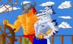  2021 anthro bandai_namco belt clothed clothing detailed_background digimon digimon_(species) digital_drawing_(artwork) digital_media_(artwork) dragon duo fafnir_stardust_(artist) hi_res male mammal muscular muscular_male outside parody pecs ship sky vehicle wargreymon watercraft weregarurumon 