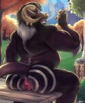  2020 absurd_res anthro anus arm_tuft belly bench bovid bovine bullseye_(bulph) butt butt_focus canid canine canis cattle cigar digital_media_(artwork) facial_hair facial_piercing furgonomics furry-specific_piercing hair hi_res horn horn_piercing hybrid long_hair male mammal musclegut muscular muscular_anthro muscular_male nose_piercing nose_ring nude outside piercing plant rear_view septum_piercing sitting smoke smoking solo tree tuft wardraws wolf 