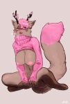  5_fingers anthro antlers blush bottomless breasts brown_body brown_fur buta99 clothed clothing female fingers fur grey_background hair hi_res horn looking_at_viewer mammal navel nipples pink_hair pink_nipples pupils purple_eyes simple_background sitting slit_pupils smile solo sweater topwear turtleneck_sweater 