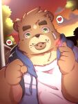  &lt;3 2021 3:4 anthro brown_body brown_fur clothing cookie detailed_background eating food fur green_eyes hoodie humanoid_hands kemono male mammal noichi_53 outside shirt slightly_chubby solo topwear ursid 