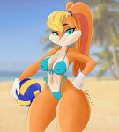  absurd_res anthro beach big_breasts bikini blonde_hair breasts camel_toe cleavage clothed clothing female hair hand_on_hip hi_res lagomorph leporid lian_(artist) lola_bunny looney_tunes mammal nipple_outline outside rabbit seaside side-tie_bikini solo swimwear thick_thighs warner_brothers wide_hips 