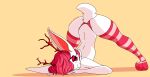  absurd_res antlers ass_up butt clothing fluffy fluffy_tail footwear fur hair hi_res high_thights horn jack-o&#039;_pose jackalope lagomorph leporid long_ears long_socks mammal pink_eyes pink_hair pleading pose rabbit rabeleth red_eyes red_hair socks stripes white_body white_fur 