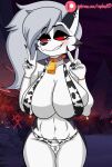  animal_print anthro big_breasts bikini blush breasts canid canine cleavage clothed clothing cow_print female gesture helluva_boss hi_res huge_breasts loona_(vivzmind) mammal raydonxd red_sclera solo swimwear v_sign white_body 