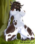  2021 absurd_res anthro big_breasts blizzard_entertainment bovid bovine breasts brown_body brown_fur brown_hair brown_nipples cattle crotch_tuft crouching digital_media_(artwork) female fur genitals grass green_eyes hair hi_res hooves horn koncon looking_at_viewer low-angle_view mammal multicolored_body multicolored_fur nipples plant pussy simple_background solo spots tauren tree tuft two_tone_body two_tone_fur video_games warcraft white_background white_body white_fur 