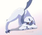  2021 3_fingers 3_toes absol absurd_res ambiguous_gender ass_up butt claws eryz feet feral finger_claws fingers fur grey_body hair hi_res jack-o&#039;_pose looking_at_viewer neck_tuft nintendo nude pok&eacute;mon pok&eacute;mon_(species) pose red_eyes simple_background solo spread_legs spreading toe_claws toes tuft video_games watermark white_background white_body white_fur white_hair 