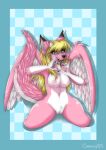  absurd_res anthro breasts canid canine canis dragon female genitals hi_res horn hybrid kneeling mammal nipples nude pussy roketchu solo unknown_artist wings wolf 