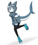  2018 anthro blue_body blue_eyes blue_scales breasts clothing cyana_(code-blocker) digital_media_(artwork) eyelashes feet female fin fingers fish footwear hair hi_res hoodie looking_at_viewer marine multicolored_body multicolored_scales sandwich-anomaly scales shark shoes simple_background smile solo topwear white_background white_body white_hair white_scales 