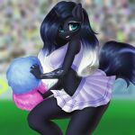  1:1 anthro bottomwear cheerleader clothing crowd dancing equid equine female group hasbro hi_res horn looking_at_viewer mammal my_little_pony mystic_shadow out_of_focus pom_poms skirt smile solo stadium tattoo topwear unicorn yutakira92 