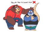  2021 anthro belly blue_body bottomwear brown_body brown_fur cade_(the_human_heart) clothing duo dylan_(the_human_heart) english_text eulipotyphlan eyes_closed fur leonthelionel male mammal meme mole_(animal) overalls overweight overweight_male shirt shorts simple_background text the_human_heart_(game) topwear ursid video_games visual_novel 