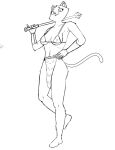 anthro armor bra bracers breasts catsockjus clothing felid female hand_on_hip jaline looking_at_viewer mace mammal melee_weapon monochrome solo tongue tongue_out under_boob underwear weapon 