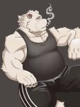  2021 3:4 anthro black_nose bottomwear clothing humanoid_hands kemono lhjal2 male mammal overweight overweight_male pants shirt simple_background sitting smoking solo topwear ursid 