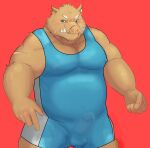  2021 absurd_res anthro balls_outline belly blush brown_body bulge clothed clothing erection erection_under_clothing genital_outline hi_res humanoid_hands kemono maguro male mammal moobs overweight overweight_male penis_outline red_background simple_background solo suid suina sus_(pig) wild_boar wrestling_singlet 