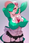  big_breasts blush breasts clothing fashionable_style_gardevoir female gardevoir garter_straps green_hair hair hat headgear headwear hi_res legwear nintendo not_furry onikuman panties pok&eacute;mon pok&eacute;mon_(species) solo thigh_highs underwear video_games 