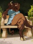  2021 3:4 anthro big_breasts boosterpang bovid bovine breasts brown_hair cleavage cleavage_overflow clothed clothing crossed_legs dress european_mythology female greek_mythology hair hi_res huge_breasts looking_at_viewer mammal mature_anthro mature_female minotaur mythology nihea_avarta shadow short_dress sitting smile sundress 