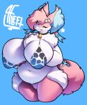 5:6 absurd_res alwaysfaceleft animal_print anthro big_breasts blue_background braixen breasts cow_print eeveelution female fur hi_res huge_breasts hybrid nintendo obese obese_female overweight overweight_female pink_body pink_fur pok&eacute;mon pok&eacute;mon_(species) simple_background solo sylveon thick_thighs video_games 
