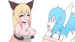  16:9 animal_humanoid anthro big_breasts black_bra black_clothing black_underwear blue_hair blush bodily_fluids bra breasts canid canine canis clothing clothing_pull duo edit female flashing flashing_breasts fox gradient_hair grey_clothing grey_shirt grey_topwear hair hi_res humanoid jewelry luna_(wolfychu) mammal necklace nipples pink_clothing pink_shirt pink_topwear red_fox scared shirt shirt_pull simple_background smile sweat sweatdrop tears topwear topwear_pull underwear white_background widescreen wolf wolfychu wolfychu_(artist) 