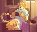  anthro beard blue_body blue_fur brown_body brown_fur bryce_davonport chubby_male facial_hair felid fur furniture hi_res hybrid lamp lutrine male mammal mustelid night nintendo nintendo_switch on_sofa overweight overweight_male pantherine paws rug sitting sitting_on_sofa smile sofa solo stripes tiger video_games zestibone 