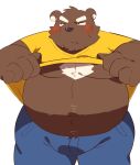  0119_muu 2021 anthro belly big_belly blush bottomwear brown_body brown_fur bulge clothing fur hi_res humanoid_hands kemono male mammal overweight overweight_male pants simple_background solo ursid white_background 