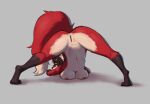  2021 anthro ass_up black_hair bodily_fluids breast_squish breasts canid canine carmine_(foxovh) digital_media_(artwork) digitigrade dipstick_tail dripping female fox foxovh fur genital_fluids genitals grey_background hair jack-o&#039;_pose looking_at_viewer looking_back lying mammal multicolored_tail navel nipples nude on_front pose pussy pussy_juice pussy_juice_drip rear_view red_body red_fur shaded simple_background solo spread_legs spreading squish yellow_eyes 