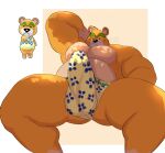  2021 animal_crossing anthro balls_outline black_nose bulge clothed clothing erection erection_under_clothing flufflecraft genital_outline hi_res lying male mammal musclegut nate_(animal_crossing) nintendo overweight overweight_male penis_outline solo underwear ursid video_games yellow_body 