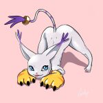  1:1 anthro ass_up back_dimples bandai_namco blue_eyes cat_tail clothing digimon digimon_(species) female gatomon gatox_(artist) gloves handwear hi_res hybrid jack-o&#039;_pose nude pink_background pose signature simple_background solo tongue tongue_out 