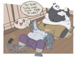  &lt;3 2021 anthro belly big_belly black_body bodily_fluids bottomwear bulge captainjusticevirtsuoso clothed clothing dreamworks duo eating english_text erection erection_under_clothing felid food genital_fluids giant_panda hi_res humanoid_hands kung_fu_panda male male/male mammal master_po_ping moobs navel nipples obese obese_male overweight overweight_male pantherine pants precum snow_leopard tai_lung_(kung_fu_panda) text ursid white_body 