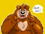  2021 anthro belly black_nose blush brown_body brown_fur cute_fangs english_text fur hi_res humanoid_hands jakegr male mammal overweight overweight_male simple_background solo text ursid yellow_background 