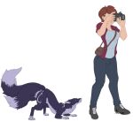  3_tails arched_back bag biped bottomwear camera canid canine clothing denim denim_clothing digital_drawing_(artwork) digital_media_(artwork) duo female feral footwear fox fur green_eyes human hunting jeans male mammal multi_tail narusewolf pants purple_body purple_eyes purple_fur shirt shoes sneaking stealth t-shirt topwear 