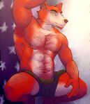  5_fingers abs anthro armpit_hair body_hair bottomwear canid canine chest_hair clothing countershade_face countershade_legs countershade_torso countershading facial_hair fingers five_nights_at_freddy&#039;s fox foxy_(fnaf) fur hairy hairy_stomach kneeling male mammal muscular muscular_anthro muscular_male navel nipples pecs pupils raised_arm red_body red_fur shirtless shorts shorts_only simonsbathtub slit_pupils solo stars_and_stripes tan_body tan_fur united_states_of_america video_games 