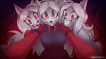  16:9 absurd_res anthro big_breasts breasts canid canid_demon cerberus_(helltaker) clothed clothing demon eipril female hair hellhound helltaker hi_res mammal red_eyes smile solo text transformation url white_hair widescreen 