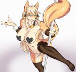  5_fingers absurd_res anthro armwear barely_visible_genitalia barely_visible_pussy big_breasts blonde_hair blue_eyes blush breasts bridal_gauntlets canid canine clothing dancing faeki_(character) female fingers fox fur genitals hair heart_pasties hi_res legwear looking_at_viewer mammal navel nipple_outline pasties pole pole_dancing pussy pussy_floss raised_leg ring rusal32 shirt_cuffs simple_background smile solo stockings thigh_highs white_background yellow_body yellow_fur 