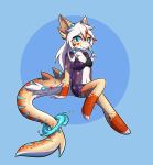  absurd_res accessory anthro blue_eyes breasts clothed clothing cute_fangs female fish hair hair_accessory hi_res logoo marine navel navel_piercing non-mammal_breasts piercing relaxing shark simple_background sitting smile solo sushi_(sootsprite) swimwear white_hair 