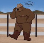  2021 anthro balls belly boots brown_body clothing cowboy cowboy_boots cowboy_hat crispcactus detailed_background erection footwear genitals hat headgear headwear hi_res humanoid_genitalia humanoid_hands humanoid_penis male mammal moobs musclegut navel nipples outside overweight overweight_male penis solo text ursid 