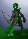  anthro anus armor arrow bow_(weapon) bracers claws dagger danaume digitigrade female genitals green_body hi_res holding_object holding_weapon horn kobold melee_weapon offscreen_character outside pupils pussy quiver ranged_weapon scared shadow simple_background slit_pupils solo standing teeth toe_claws weapon 