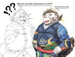  2021 4:3 anthro clothed clothing duo english_text eyes_closed eyewear felid fur glasses hi_res humanoid_hands kemono lhjal2 licho_(tas) male mammal overweight overweight_male pantherine simple_background text tiger tokyo_afterschool_summoners video_games white_background white_body white_fur 