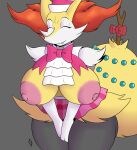  absurd_res anthro big_breasts big_butt braixen breasts butt canid canine clothed clothing coffee_demon female fox fur happy hi_res inner_ear_fluff mammal nintendo pok&eacute;mon pok&eacute;mon_(species) ribbons solo topwear tuft video_games yellow_body yellow_fur 